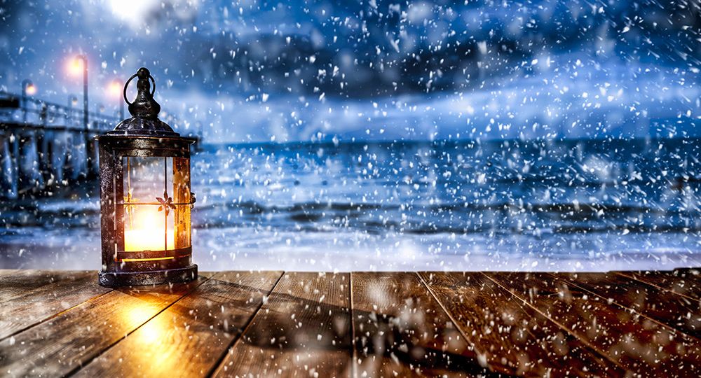 Snowy winter night landscape with wooden board top for products (Demo)