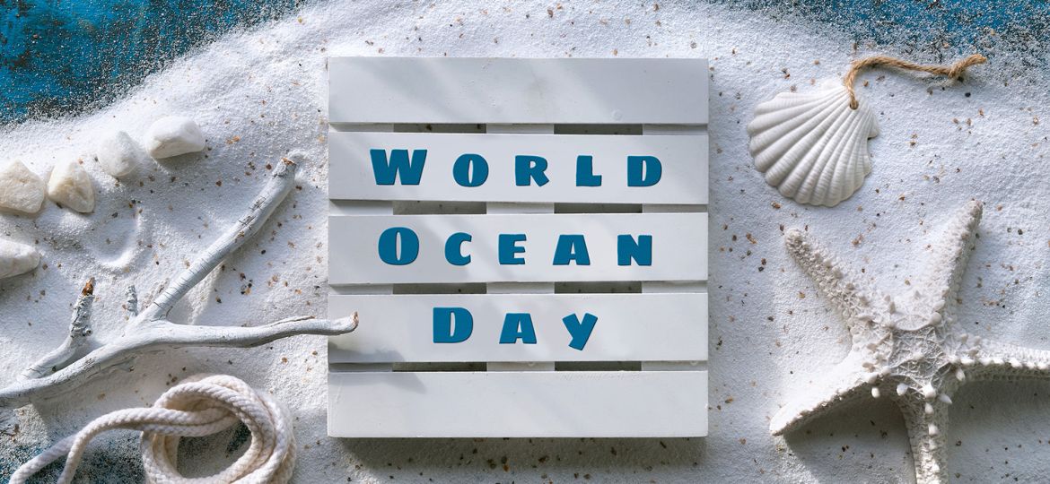 World Oceans Day text. Background with white sand on turquoise blue with shells, starfish, cord (Demo)
