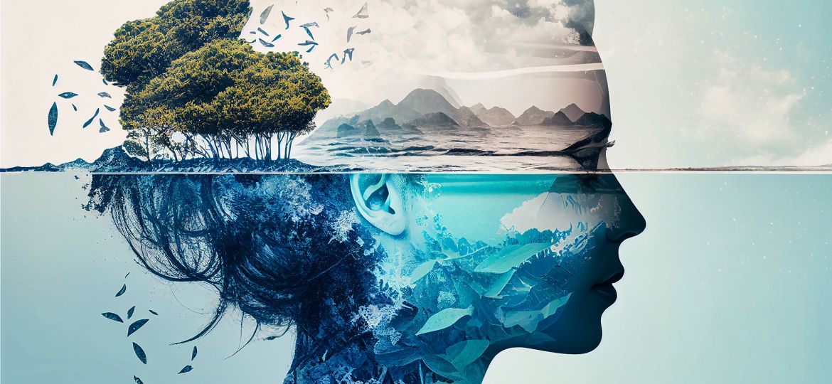 Earth day banner, profile of woman on sea and land landscape wit (Demo)
